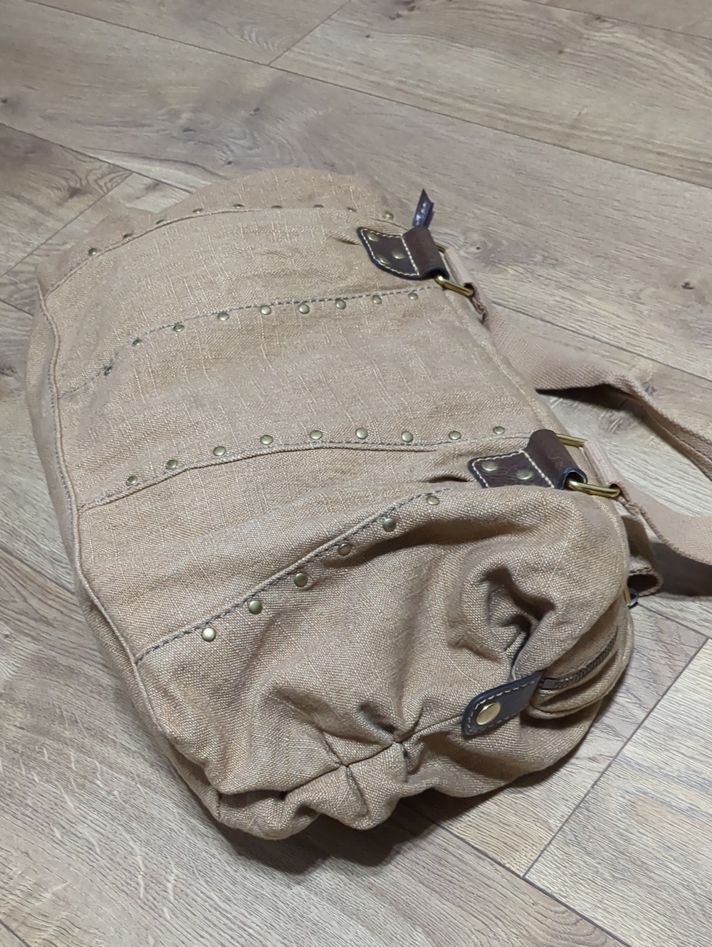 FOSSIL Tan Soft Canvas Brown Leather Gold Studded Tote Shoulder Bag - Picture 3 of 11